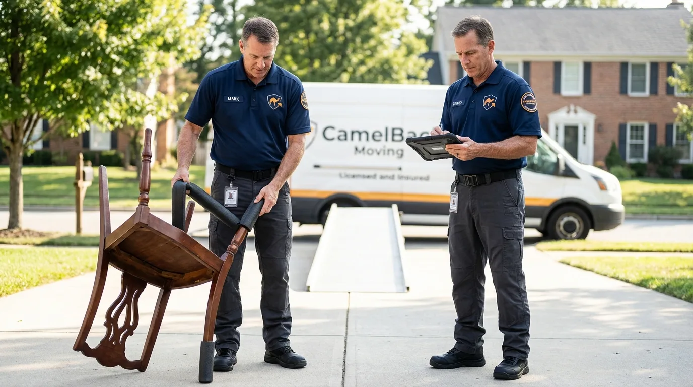 Movers inspecting furniture for damage prevention before loading in Mexico Beach, FL